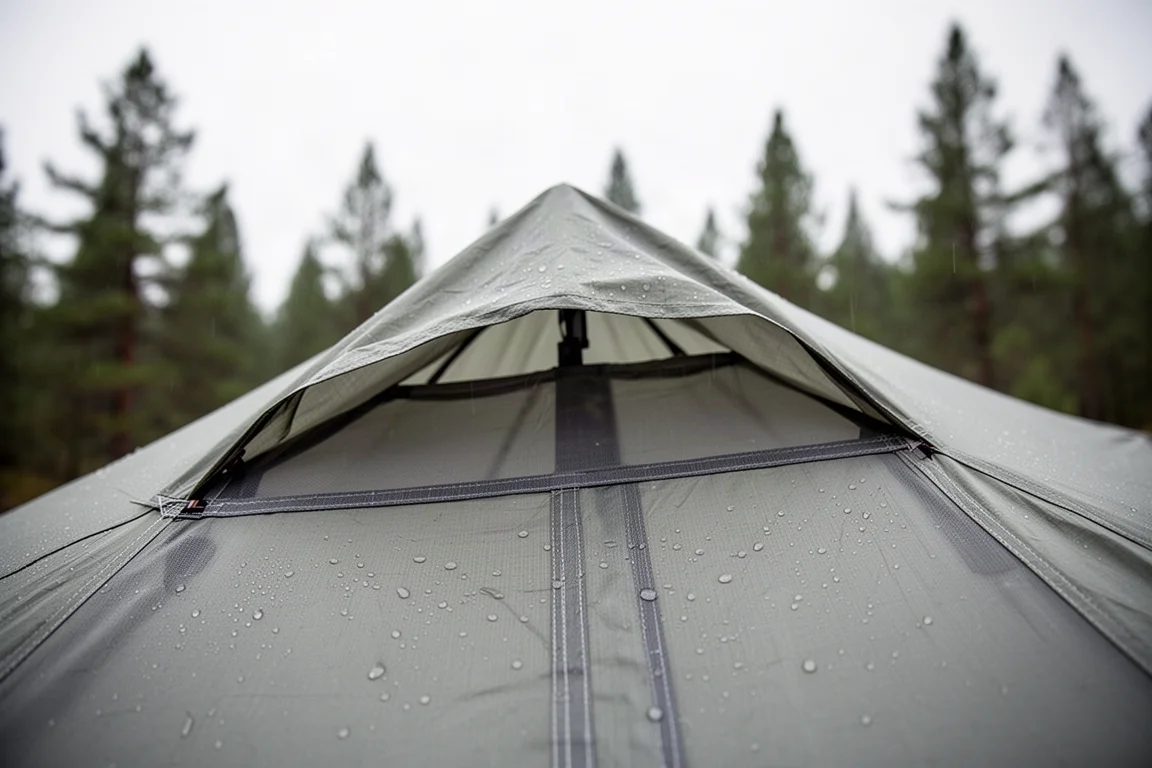 Close-up van een tenttopventilatie met mesh paneel en waterdruppels op de buitentent