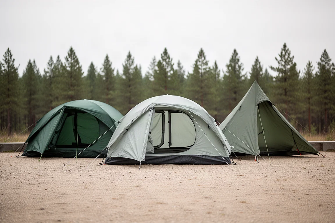 Three freestanding two-person backpacking tents pitched in a row at a gravel campsite