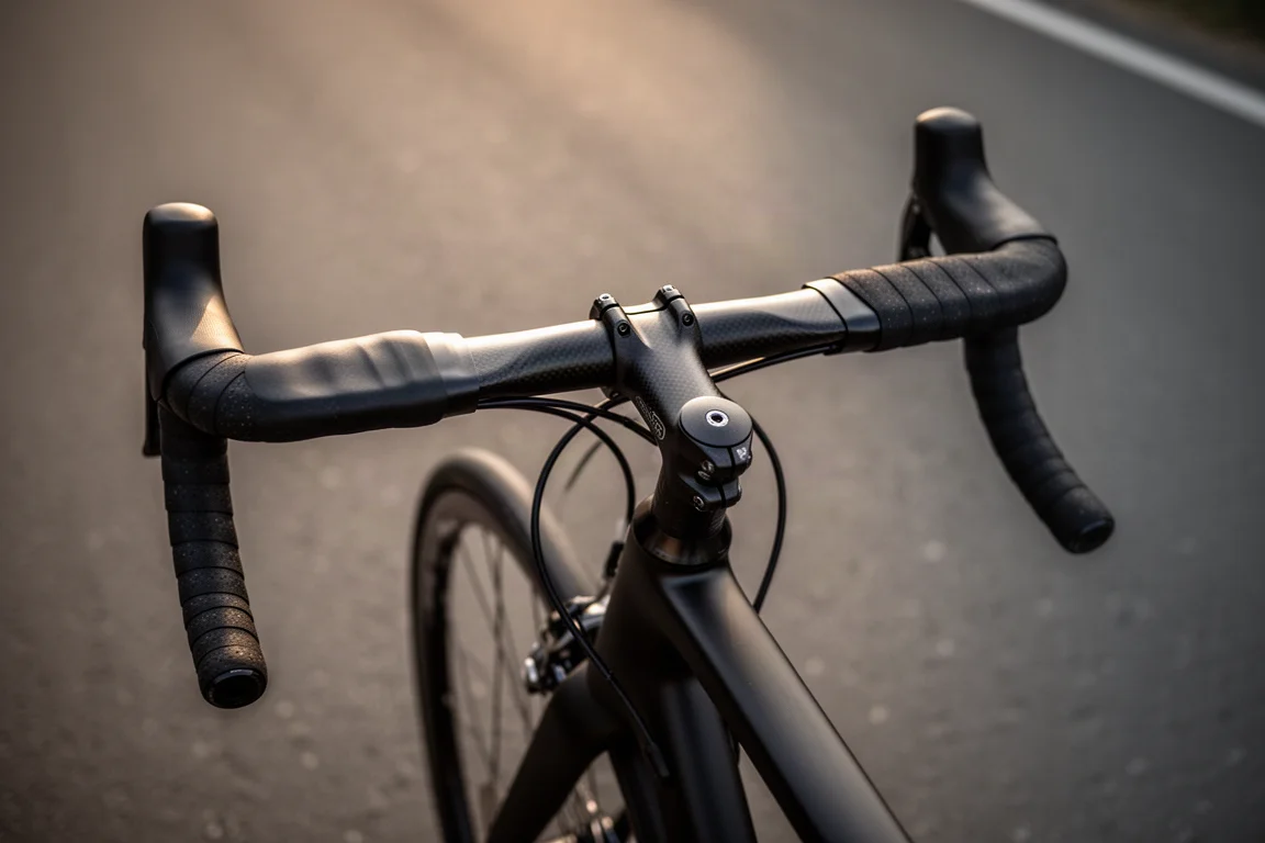 Détail en plongée d'un cockpit de cintre aéro en carbone monté sur un vélo de route