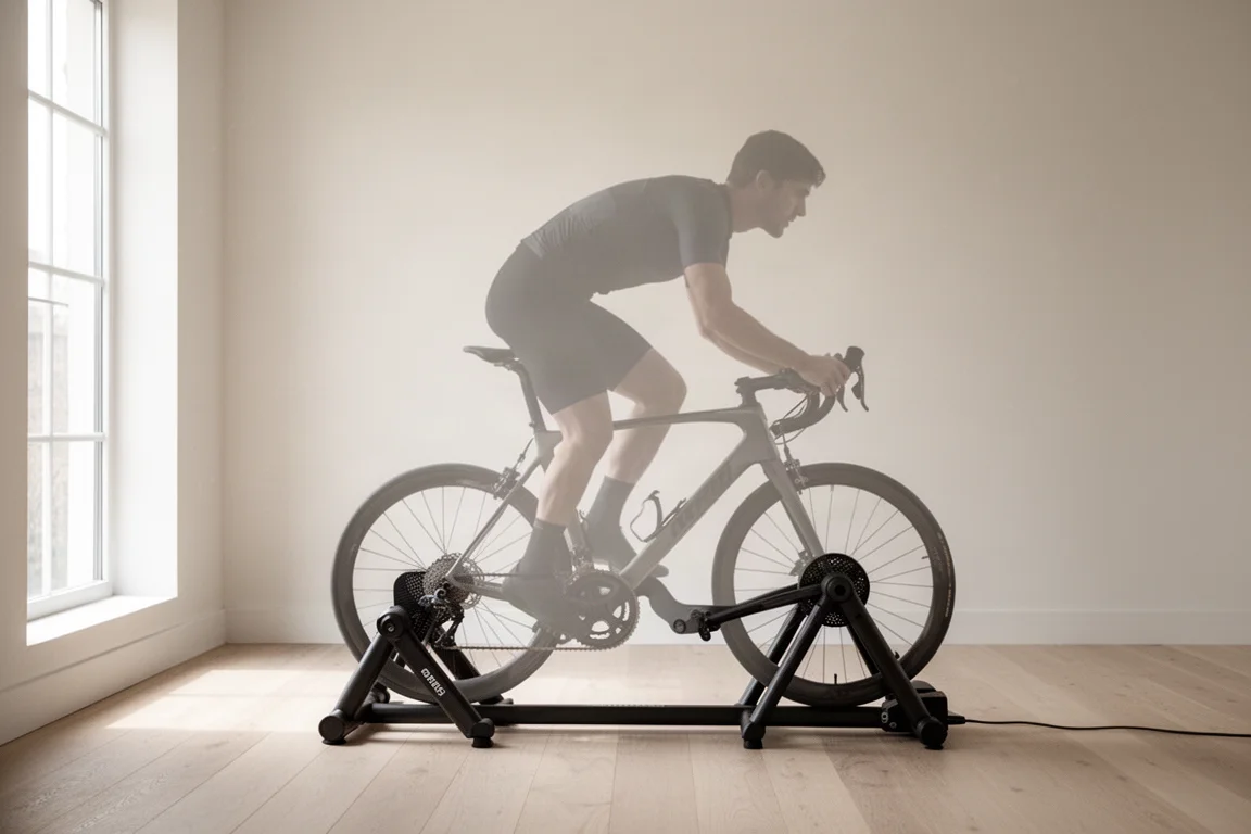 Cycliste tenant une position aérodynamique sur un vélo de route monté sur un home trainer