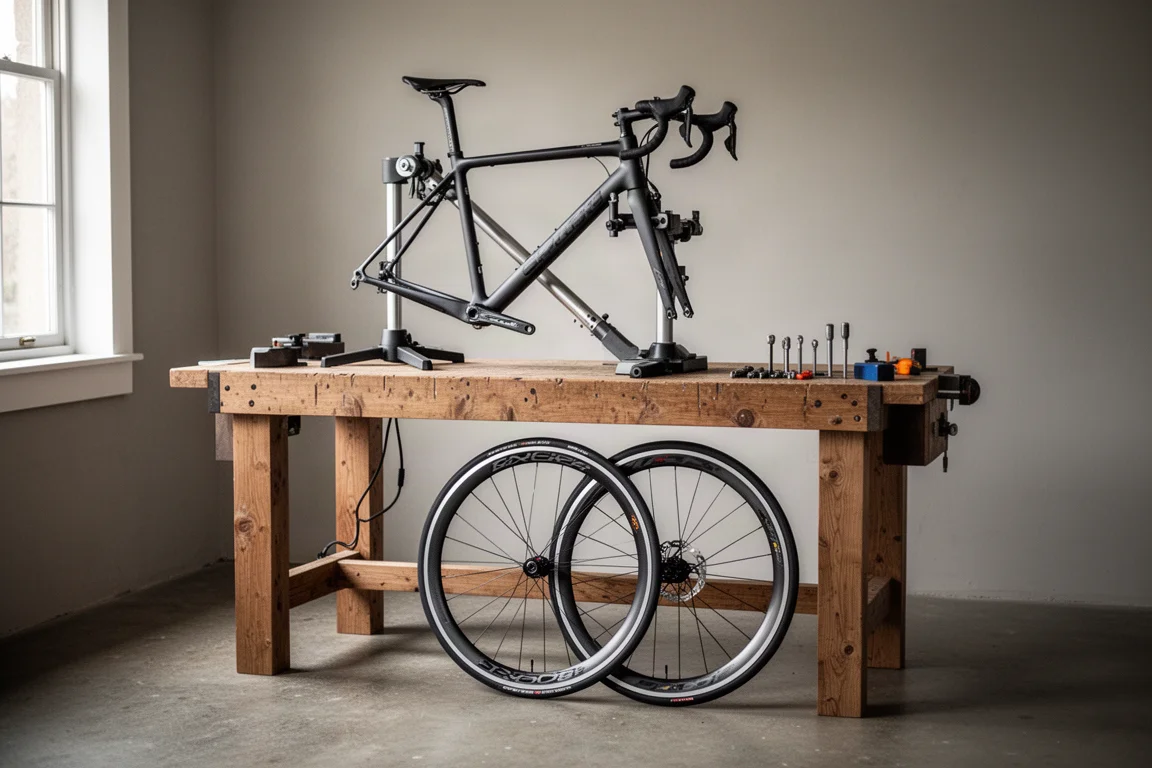 Vélo de route sur un support d'atelier avec des roues en alliage appuyées contre un établi