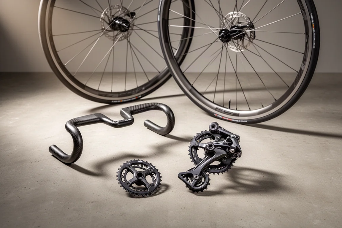 Carbon aerostuur, derailleurkooi met oversized pulleys en aluminium racewielen op beton
