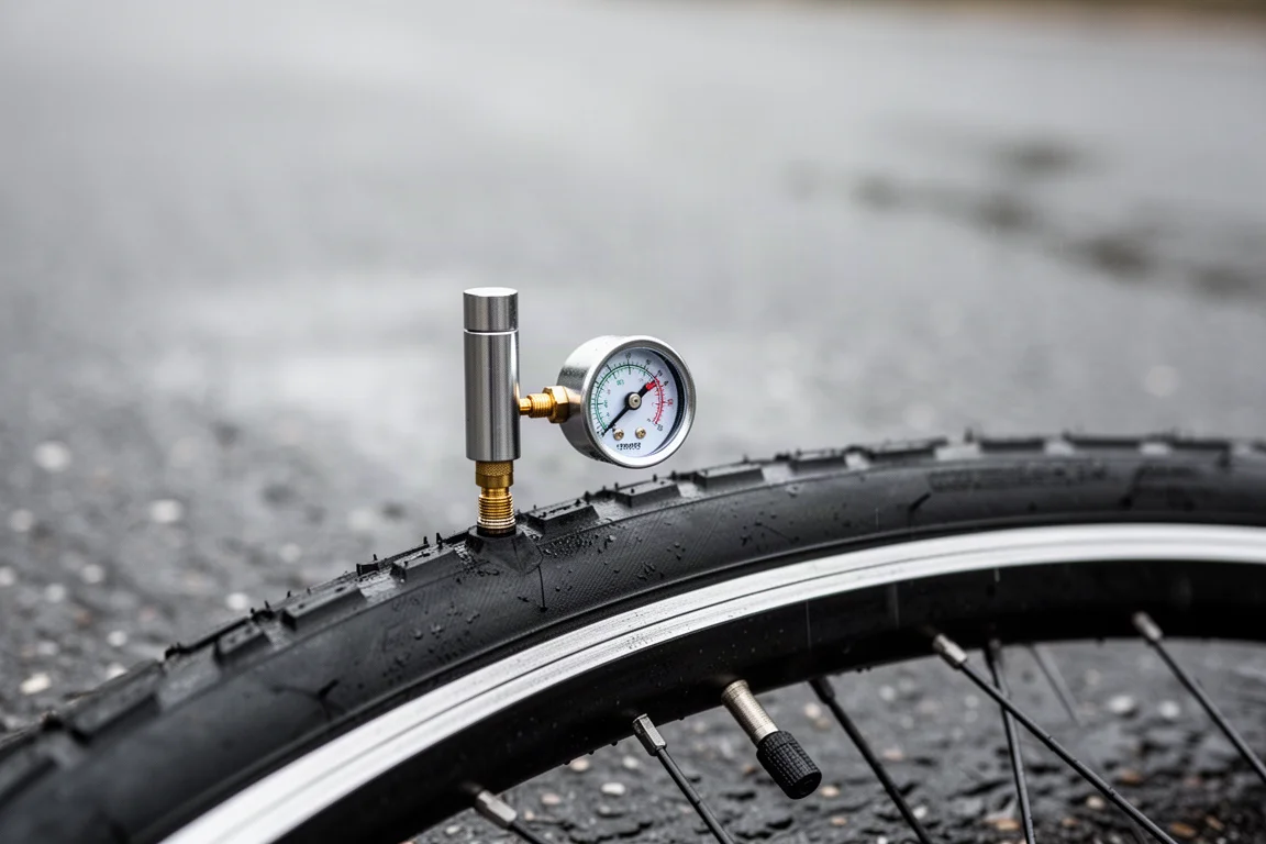 濡れた舗装路で自転車のバルブに取り付けた圧力計のクローズアップ