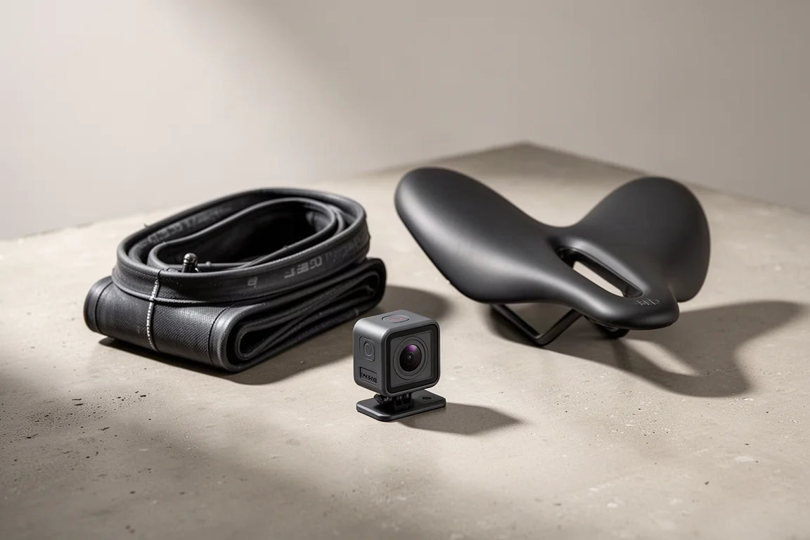 Racefietsband, kort zadel en compacte actioncam op een betonnen oppervlak