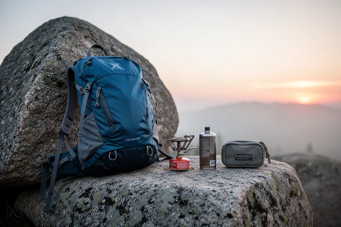 Rucksack und kleine Ausrüstungsgegenstände im ersten Morgenlicht auf Granit ausgebreitet