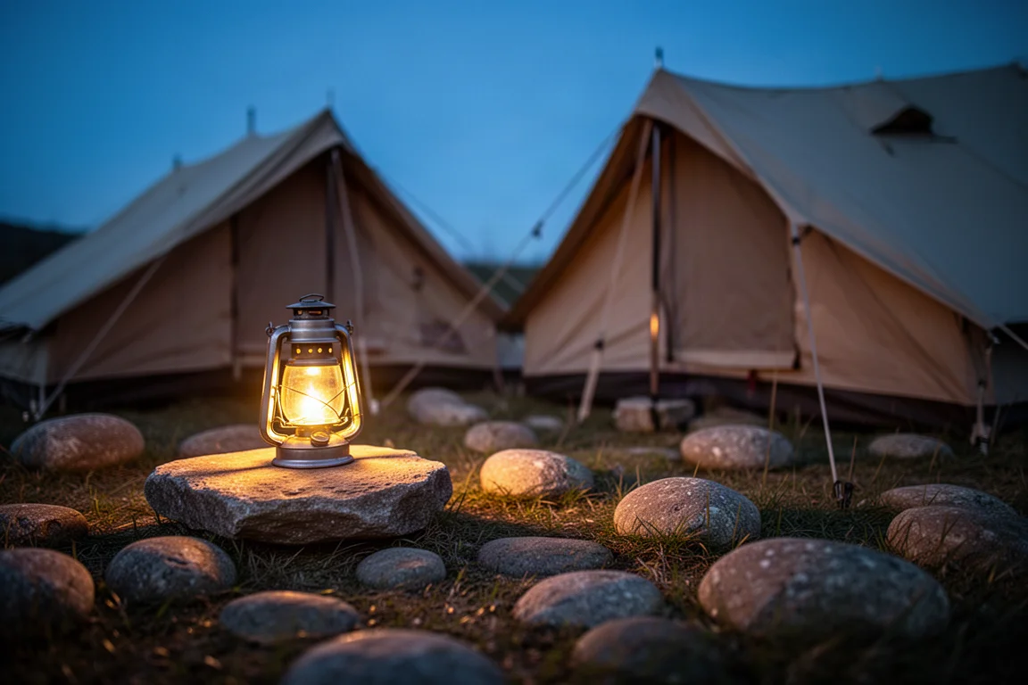 Leuchtende Campinglaterne auf einem Felsen neben einem Zelt in der Abenddämmerung