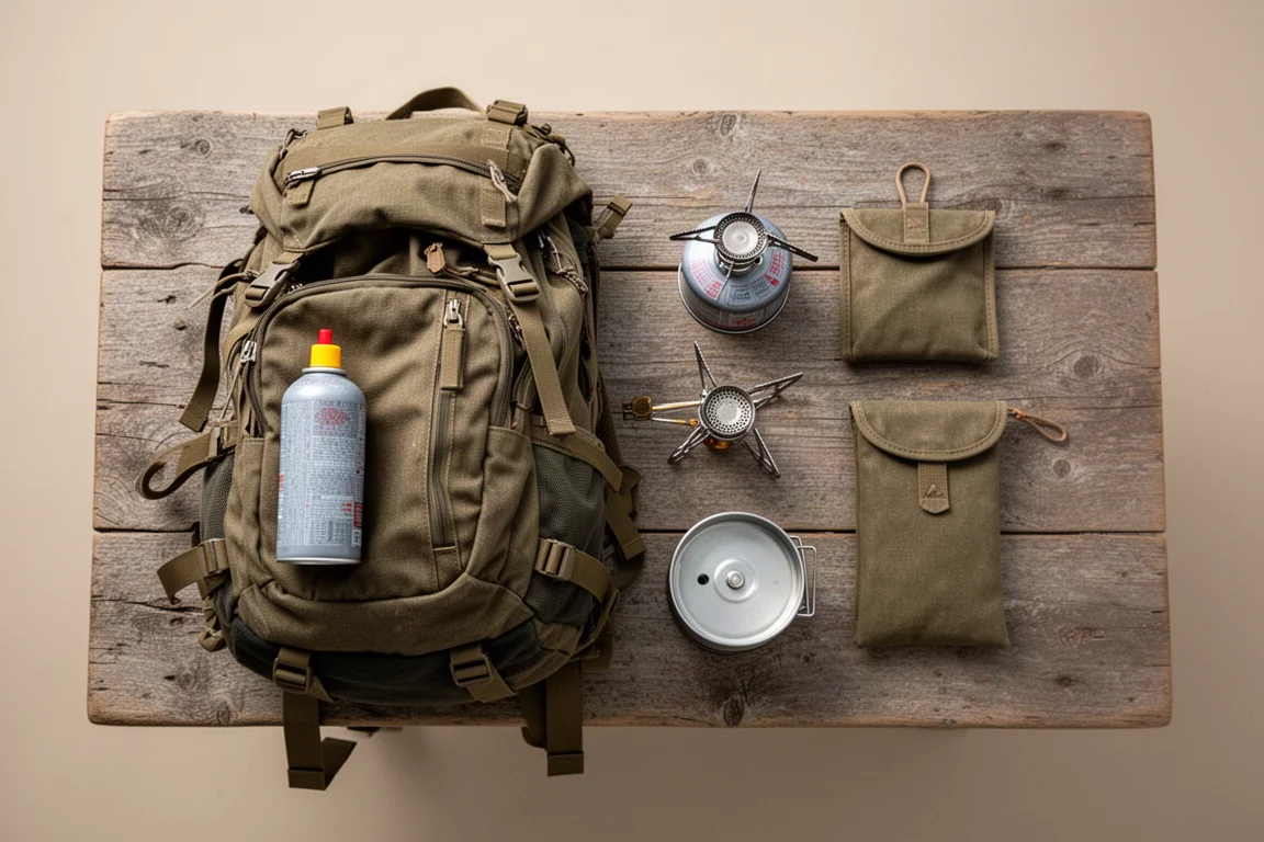 Teilweise gepackter Rucksack mit Kanister, Kocher und Beutel auf Holz arrangiert