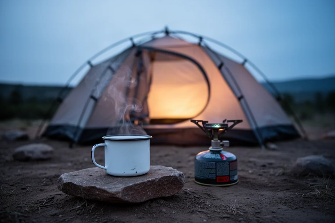 Zelt leuchtet zur blauen Stunde mit dampfendem Becher auf einem Felsen davor
