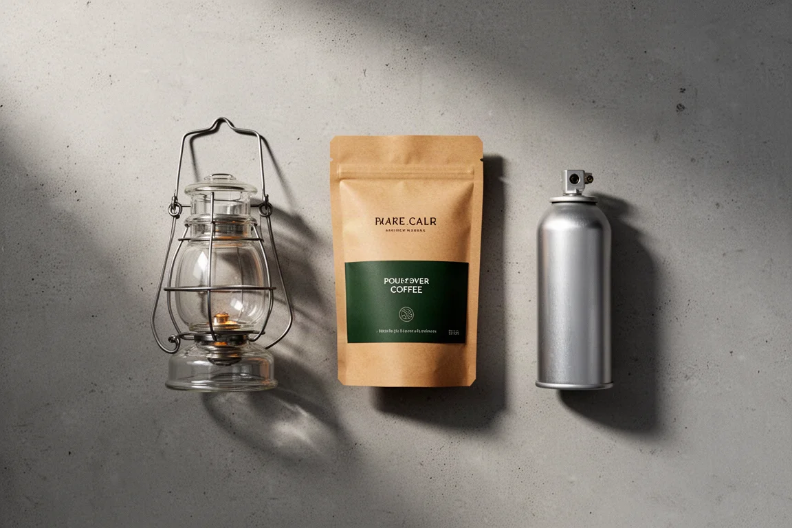 Glass camping lantern, pour-over coffee pouch, and gas canister arranged on concrete