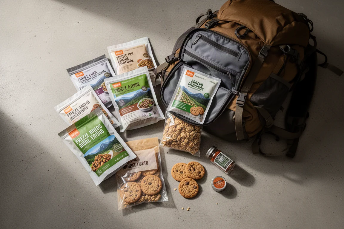 打開的背包周圍散放著凍乾食品袋、Granola 及曲奇