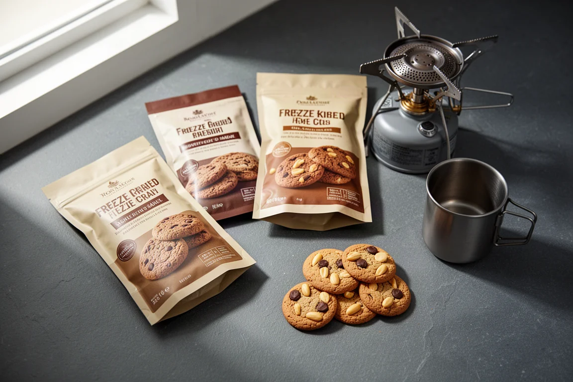 Freeze-dried meal pouches, cookies, camping stove and mug arranged on a grey surface