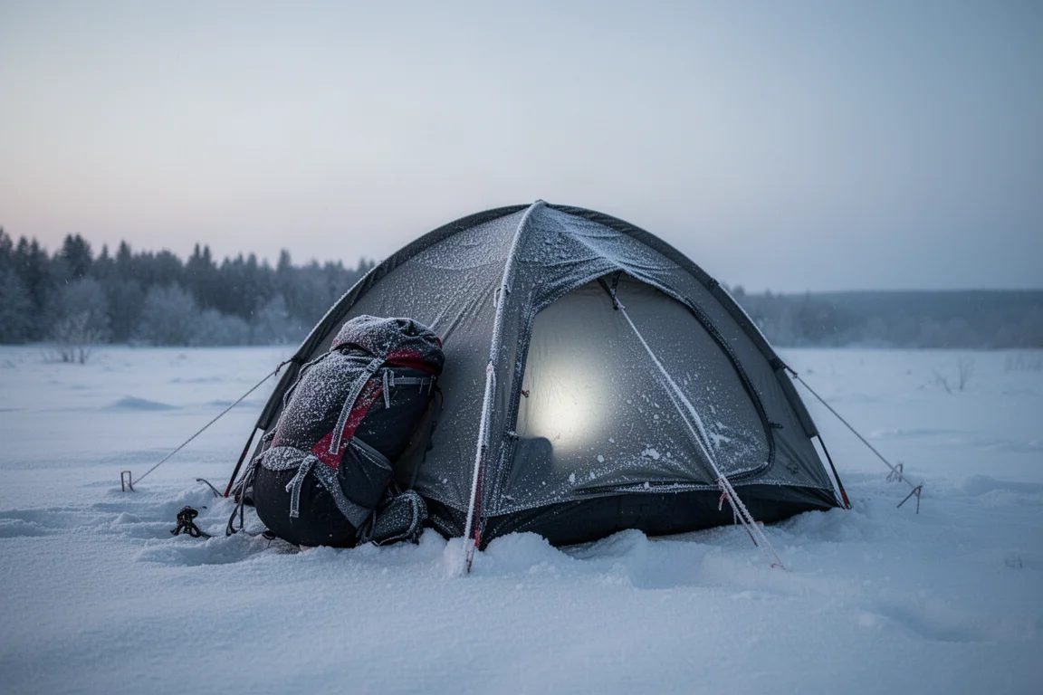 Met rijp bedekte tent op een sneeuwplateau voor zonsopgang met zwakke lampgloed