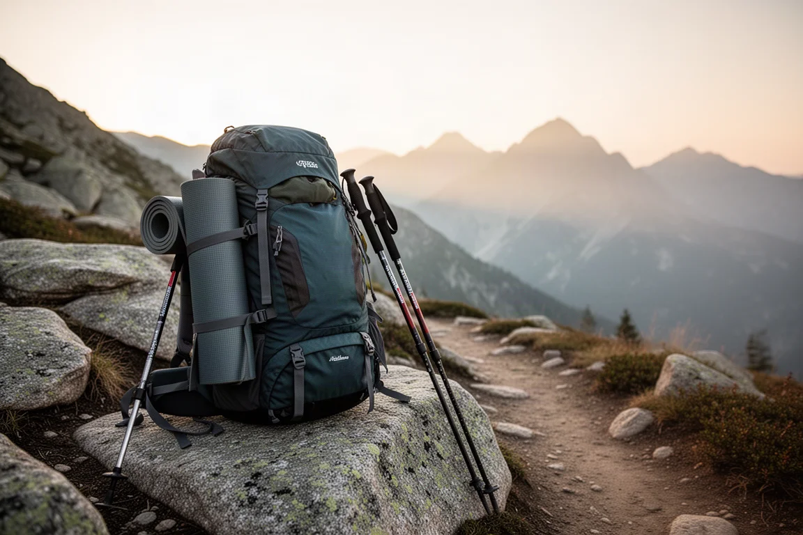 Geladen backpack met opgerold slaapmatje naast een bergpad bij zonsopgang