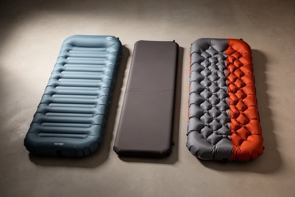 Three inflatable backpacking sleeping pads side by side on a concrete floor
