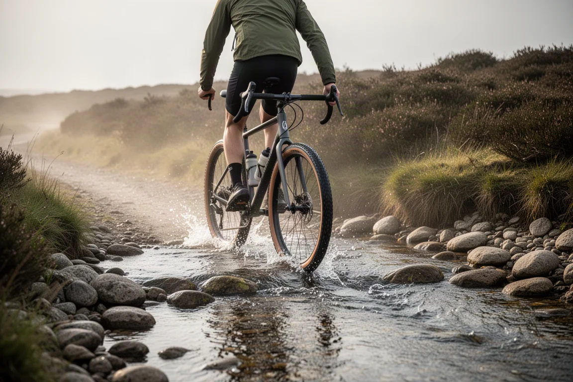 Gravelcykel med bockstyre som korsar en grund, stenig älv på en höglänt stig