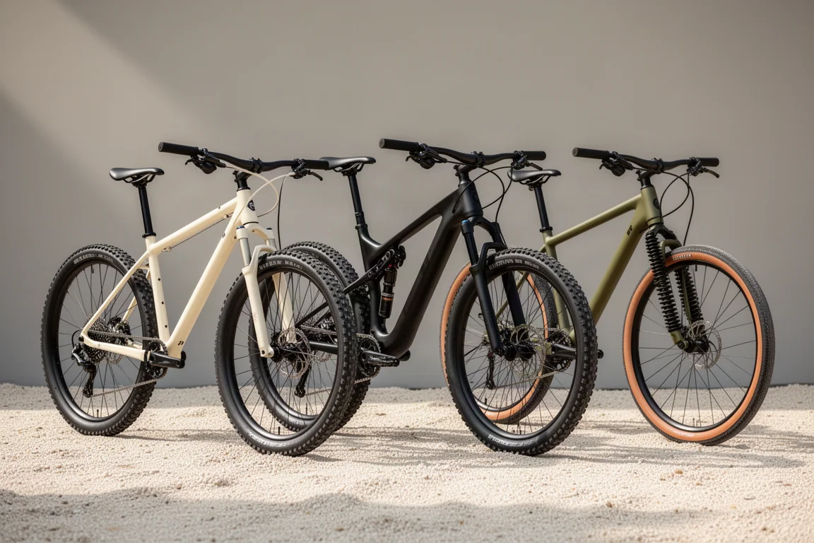 Tre bici allineate sullo sterrato: una hardtail in acciaio, una mountain bike full suspension e una gravel con manubrio drop