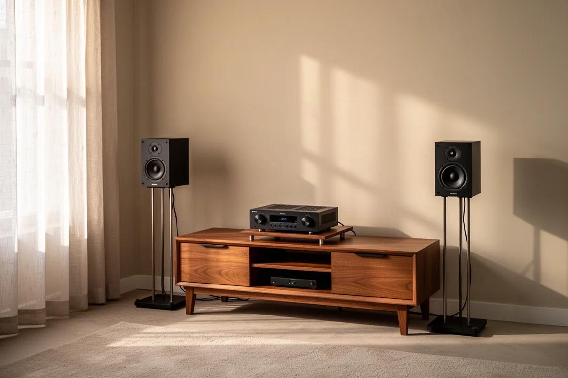 Living room corner with small bookshelf speakers on stands and a compact amplifier