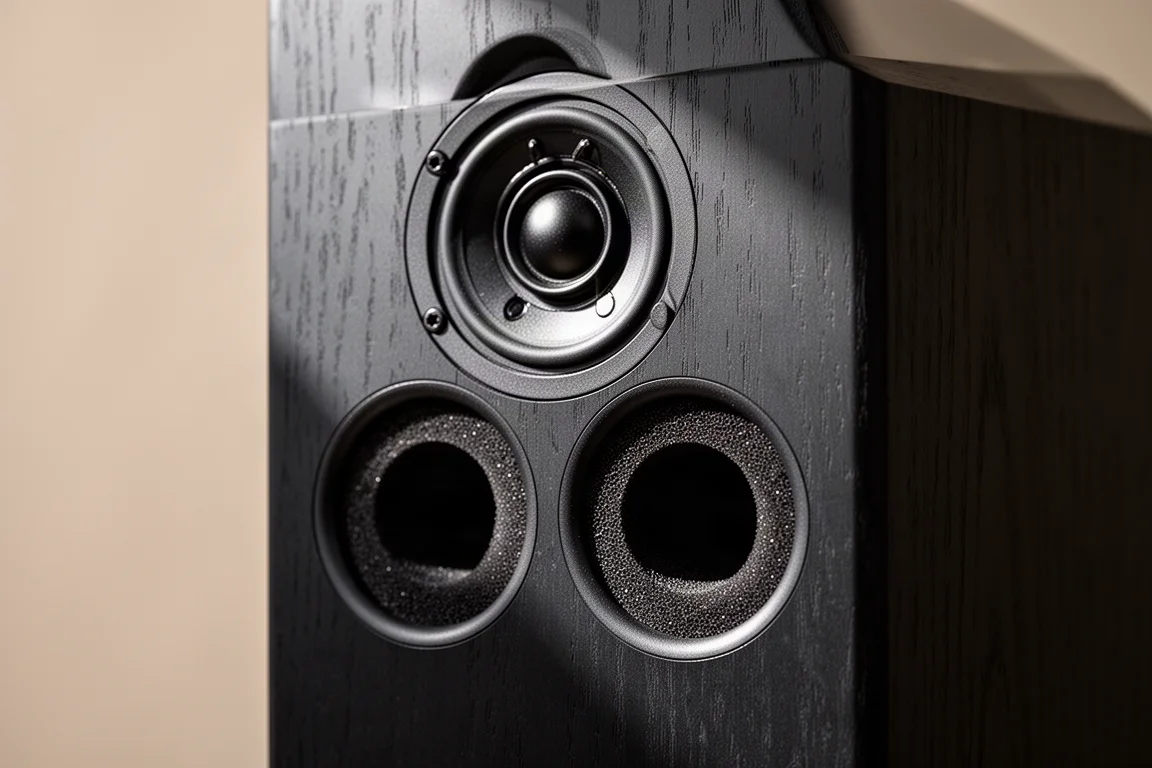 Close-up of a small black speaker baffle with two ports packed with acoustic foam