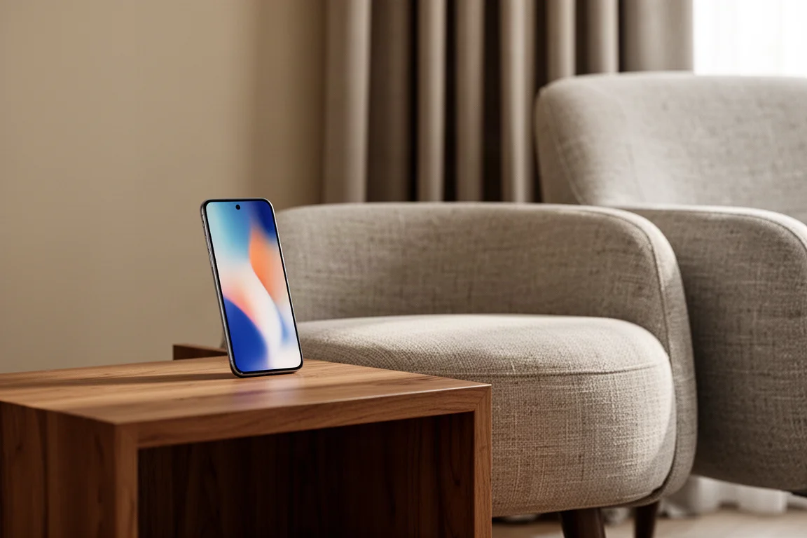 Smartphone propped near an armchair in a dim living room for bass measurement