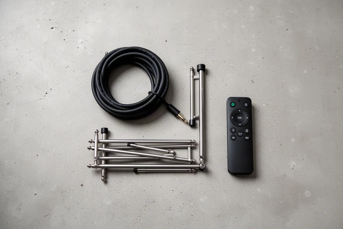 Overhead flat-lay of speaker cable, folded metal stands, and a small remote