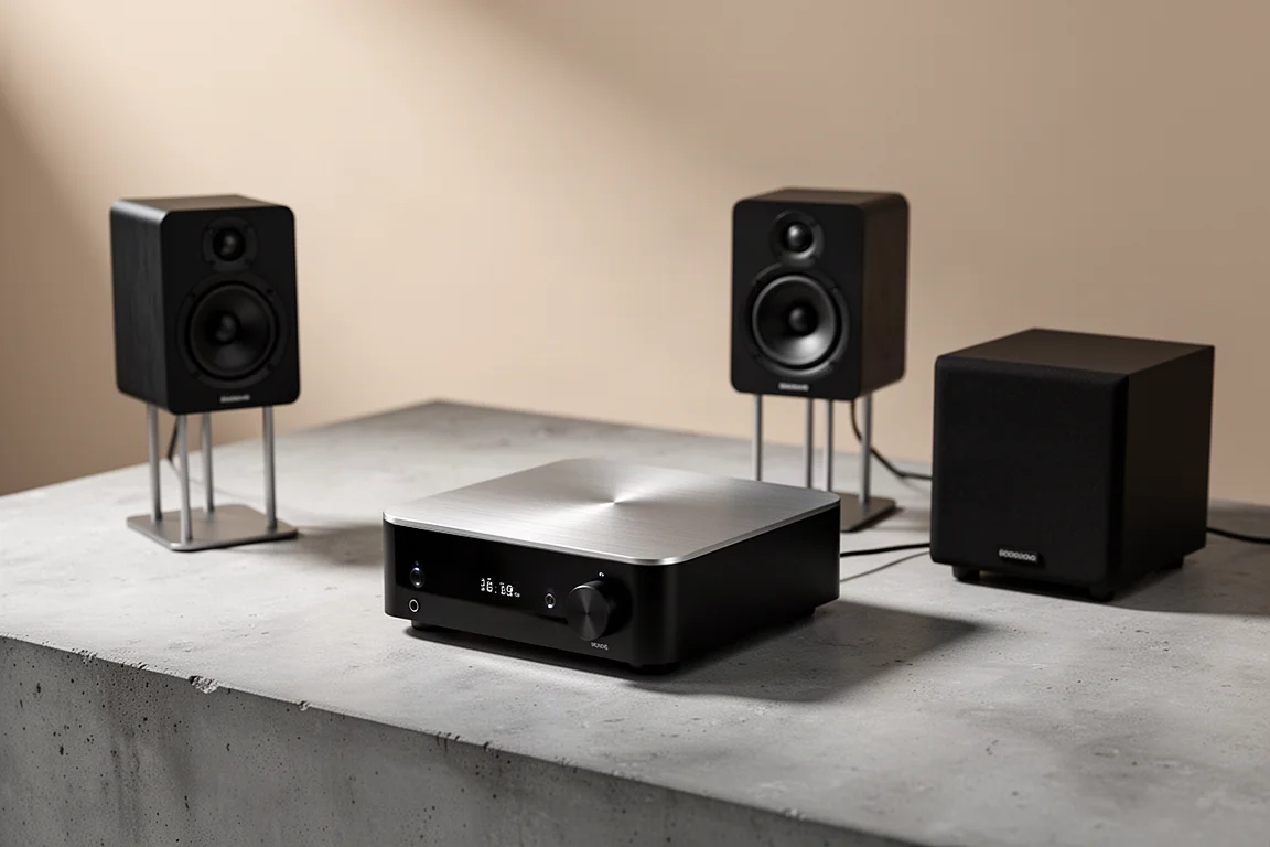 Compact amplifier with small bookshelf speakers and a cube subwoofer on concrete