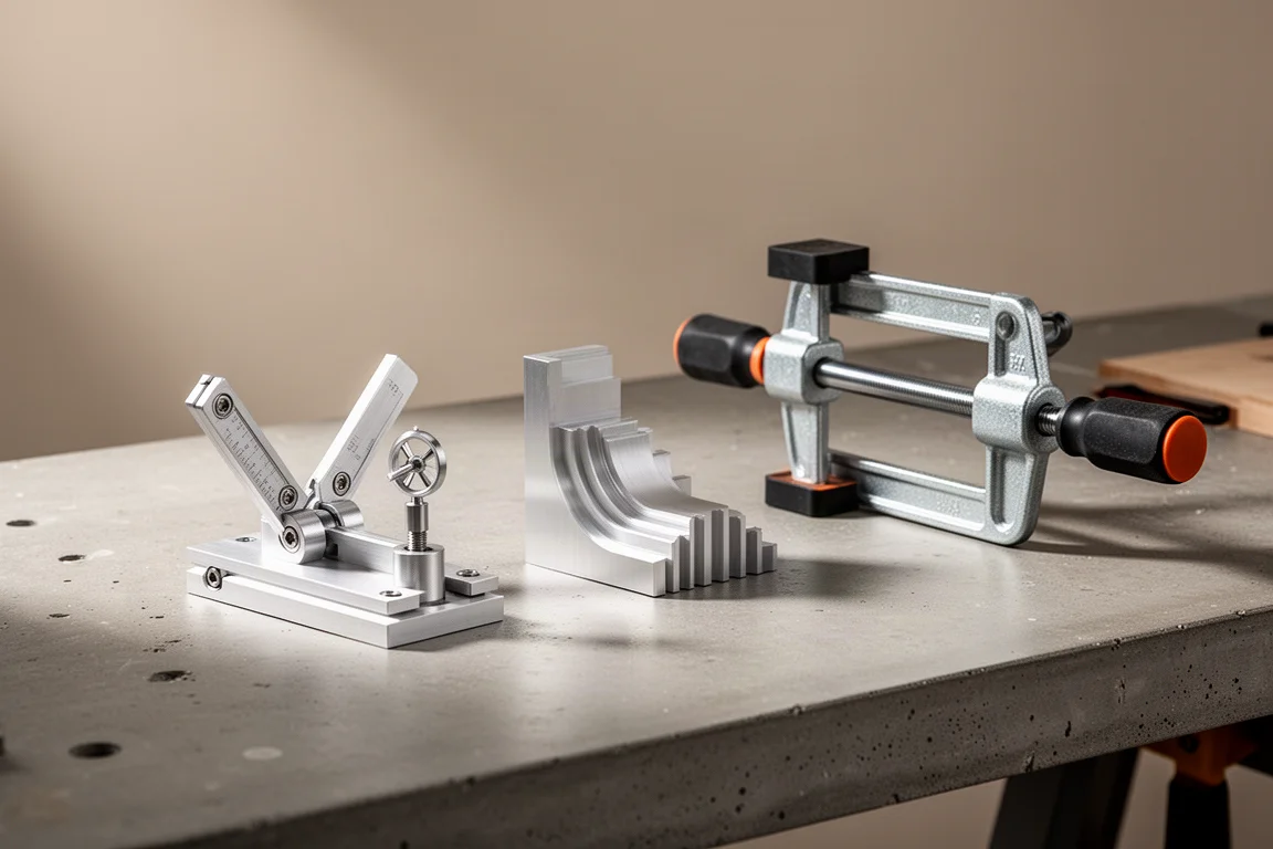 Angle finding jig, radius jig, and bar clamp arranged on a concrete workbench
