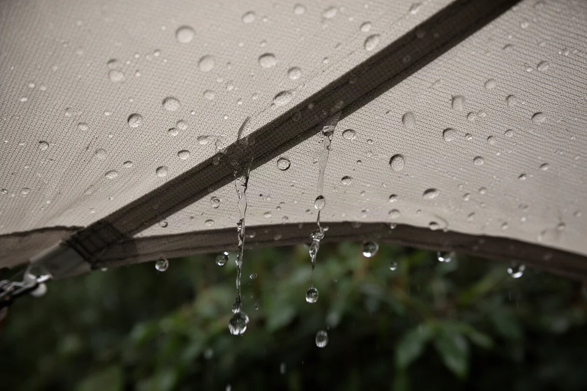 Pluie perlant et ruisselant sur une double-toiture de tente tendue en gros plan