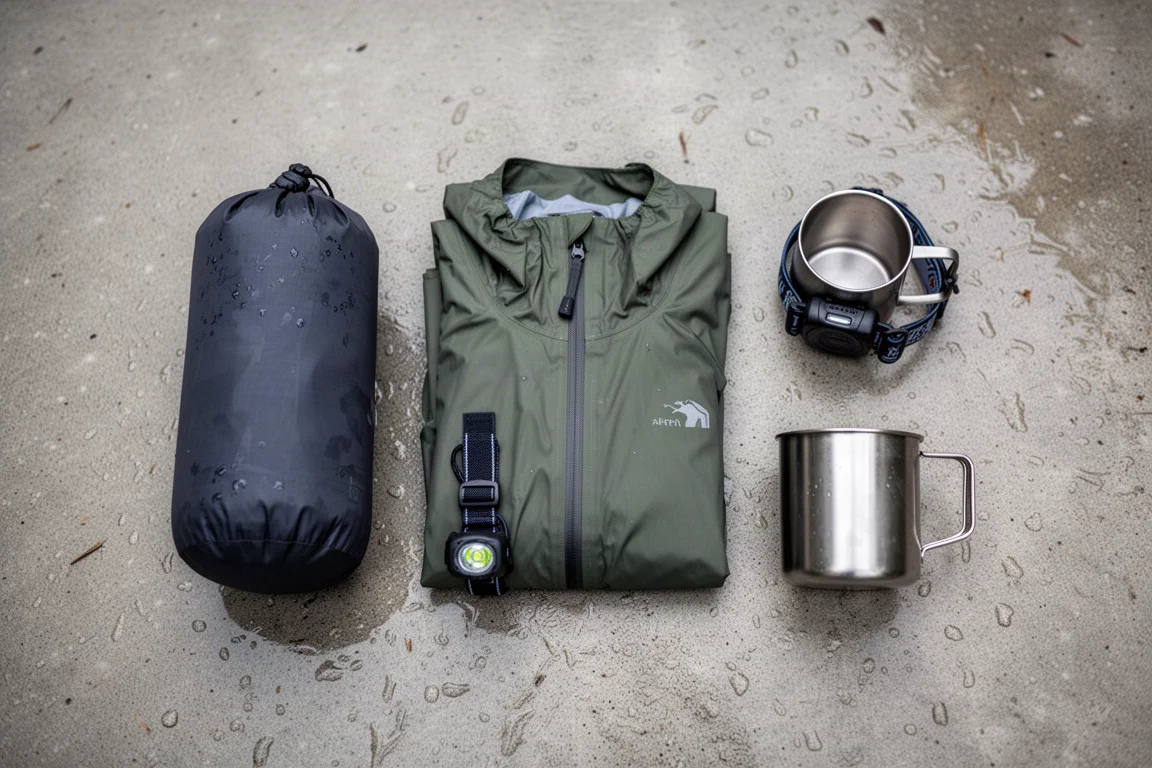 Vue à plat d'un sac étanche, d'une veste de pluie, d'une lampe frontale et d'un mug sur du béton mouillé
