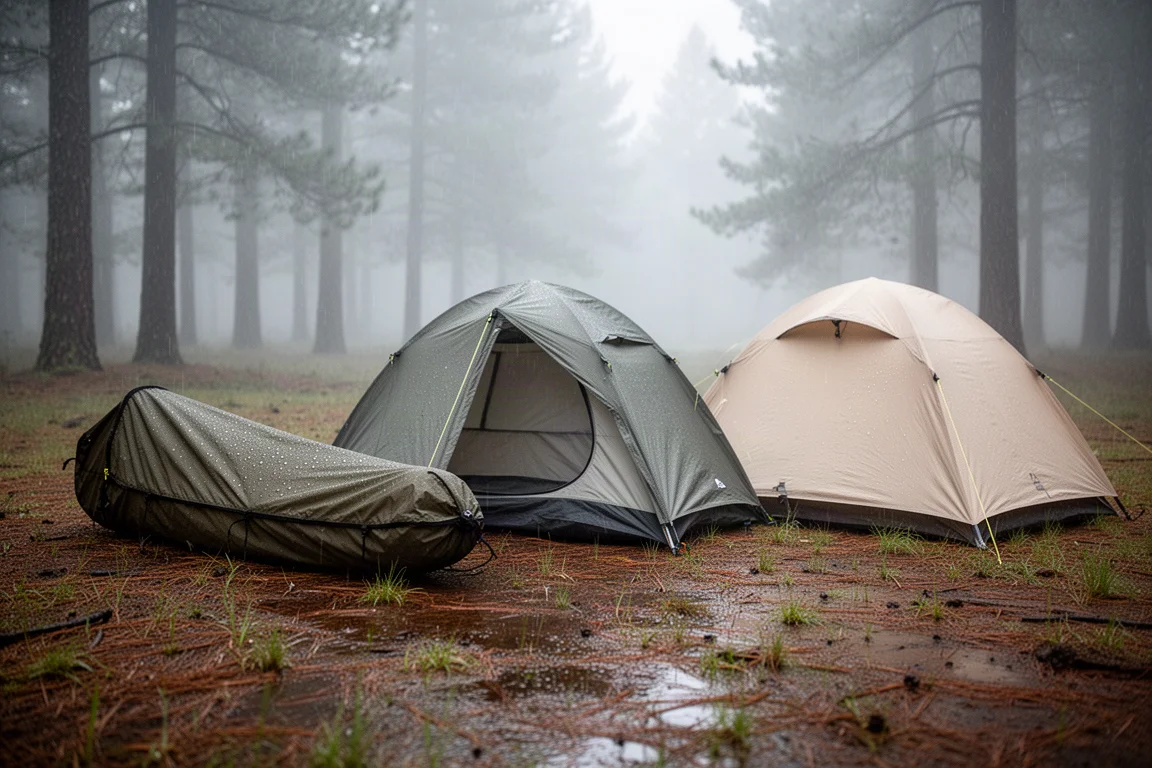 Three camping shelters pitched side by side in wet grass under overcast light