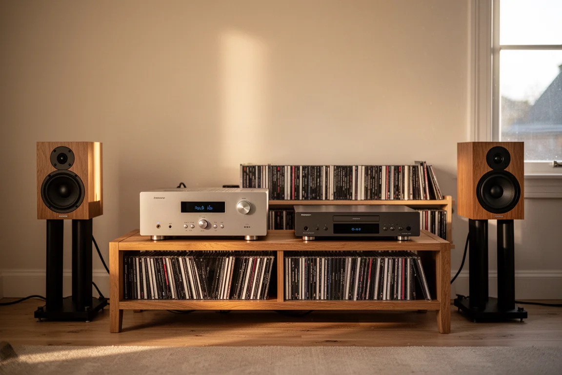 Living room hi-fi rack with CD player, amplifier, speakers and a shelf of CDs