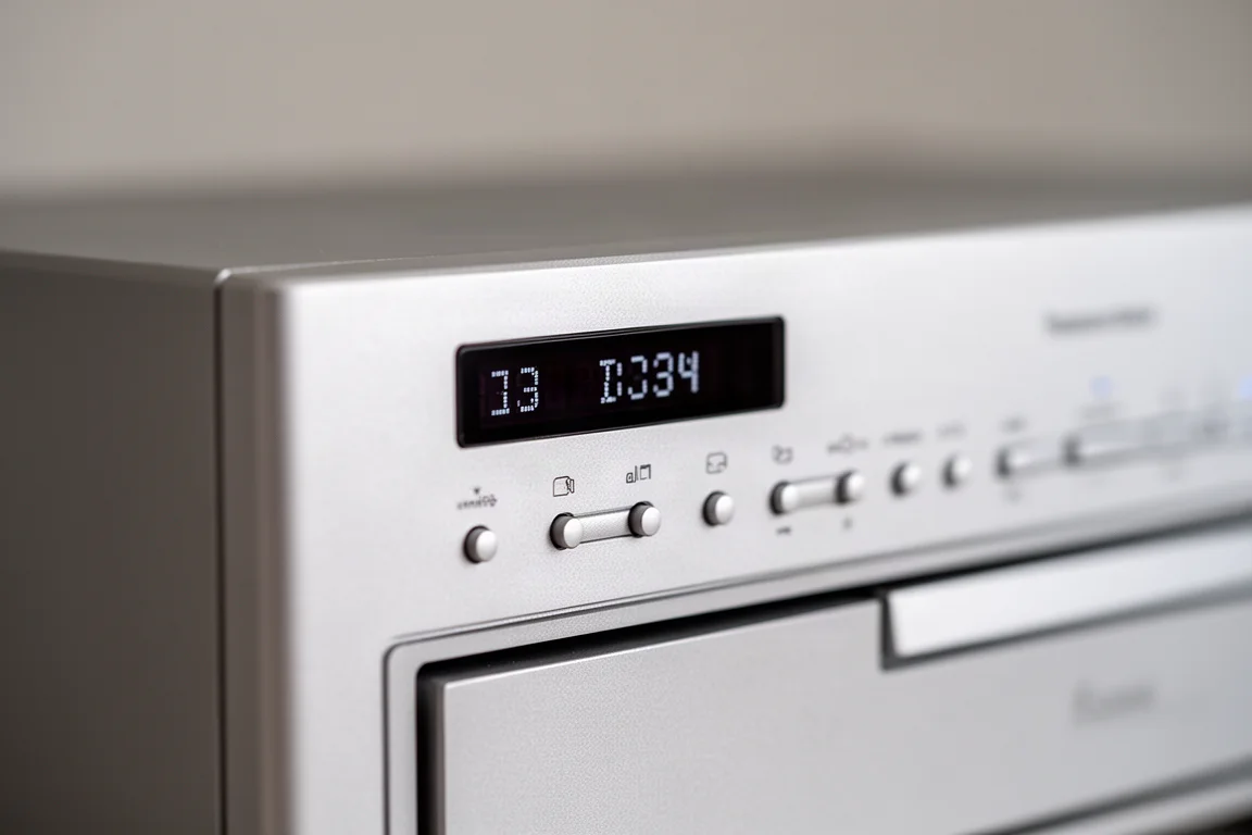 Close-up of a silver hi-fi front panel with display and low-profile buttons