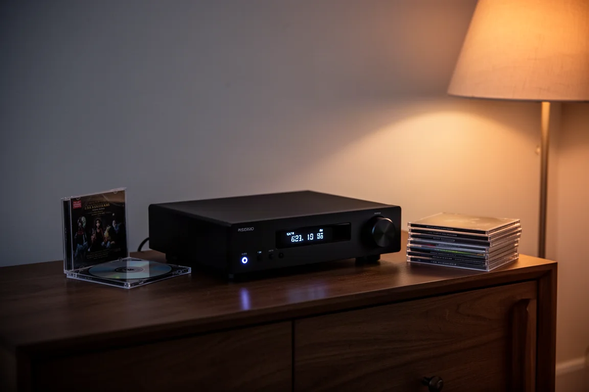 Dimly lit listening room at dusk with a CD player, discs and warm lamp light