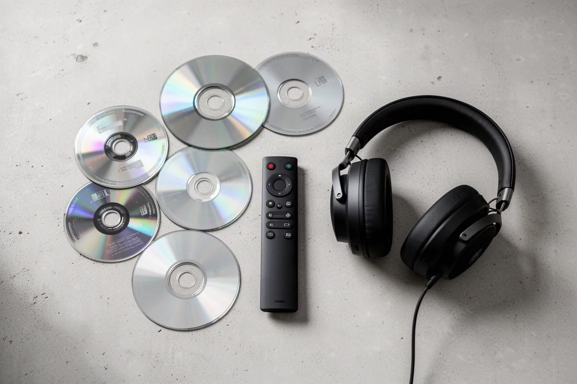 Overhead flat-lay of compact discs, a remote control and headphones on concrete