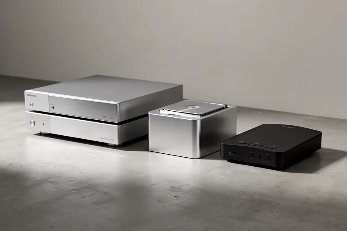 Three compact disc players arranged in a row on a concrete surface