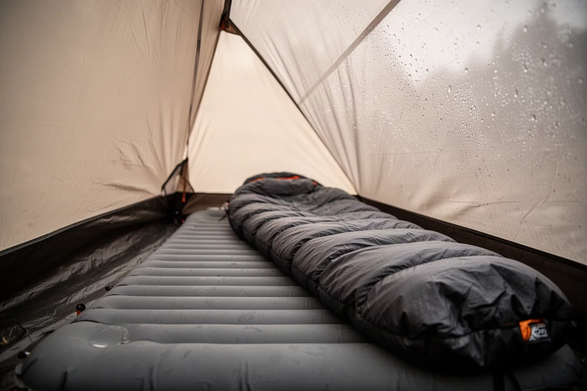 Interior of an ultralight tent with a thick sleeping pad close to the sidewall