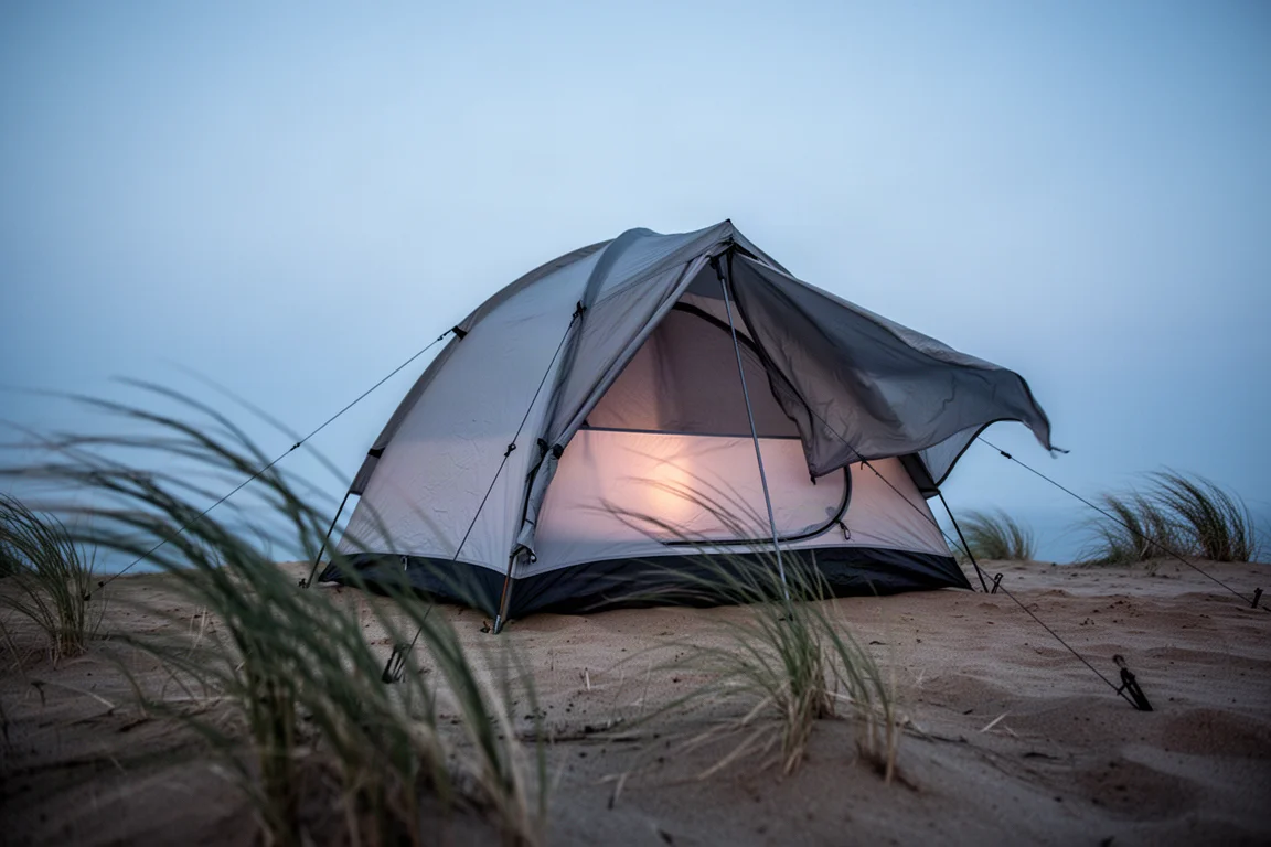 Lightweight one-person tent pitched on sandy ground at dusk with guy lines staked out