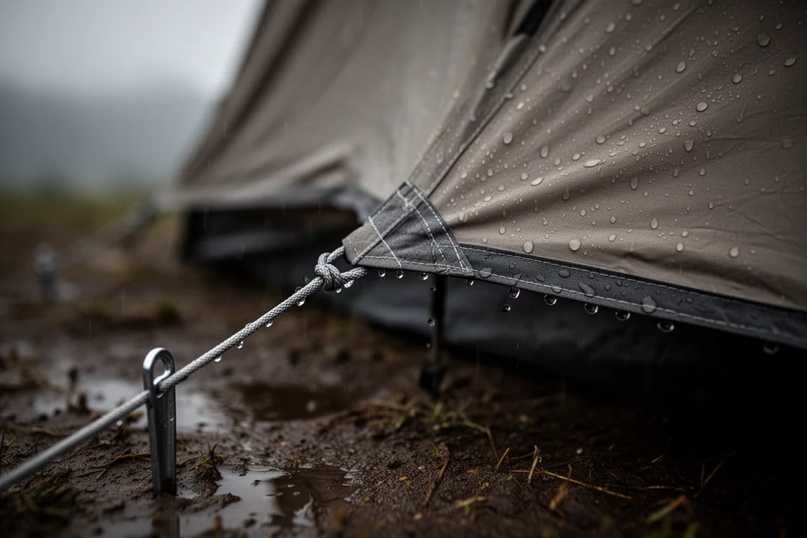 Close-up of a taut tent guy line and stake in wet ground with rain droplets