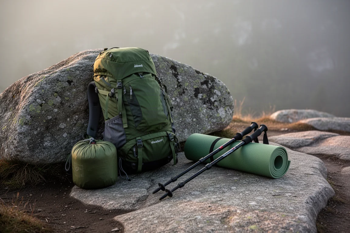 Backpacking gear laid out on granite beside a trailhead in early morning light
