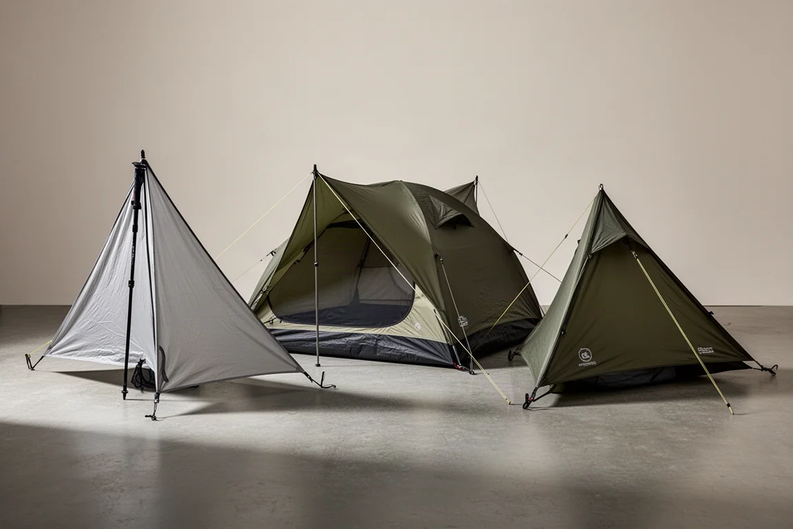 Three lightweight backpacking tents arranged on a neutral surface for comparison