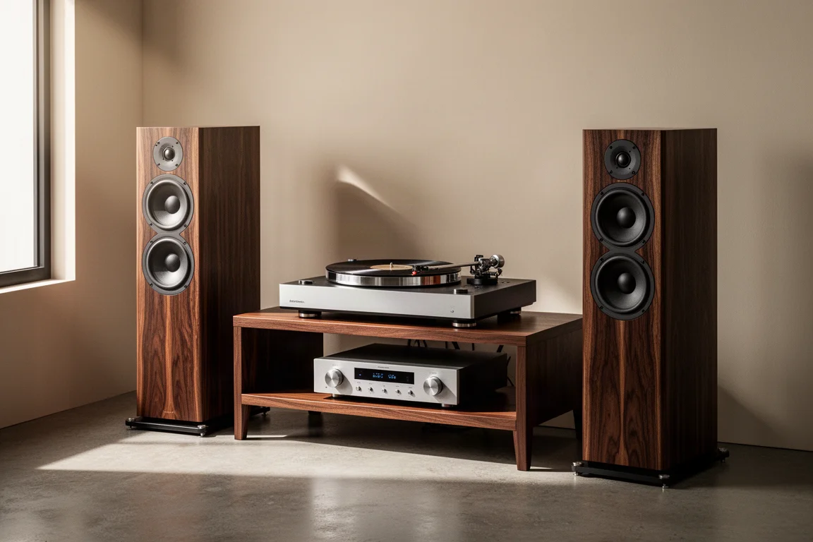 High-end two-channel listening room with floorstanding speakers, integrated amplifier and turntable