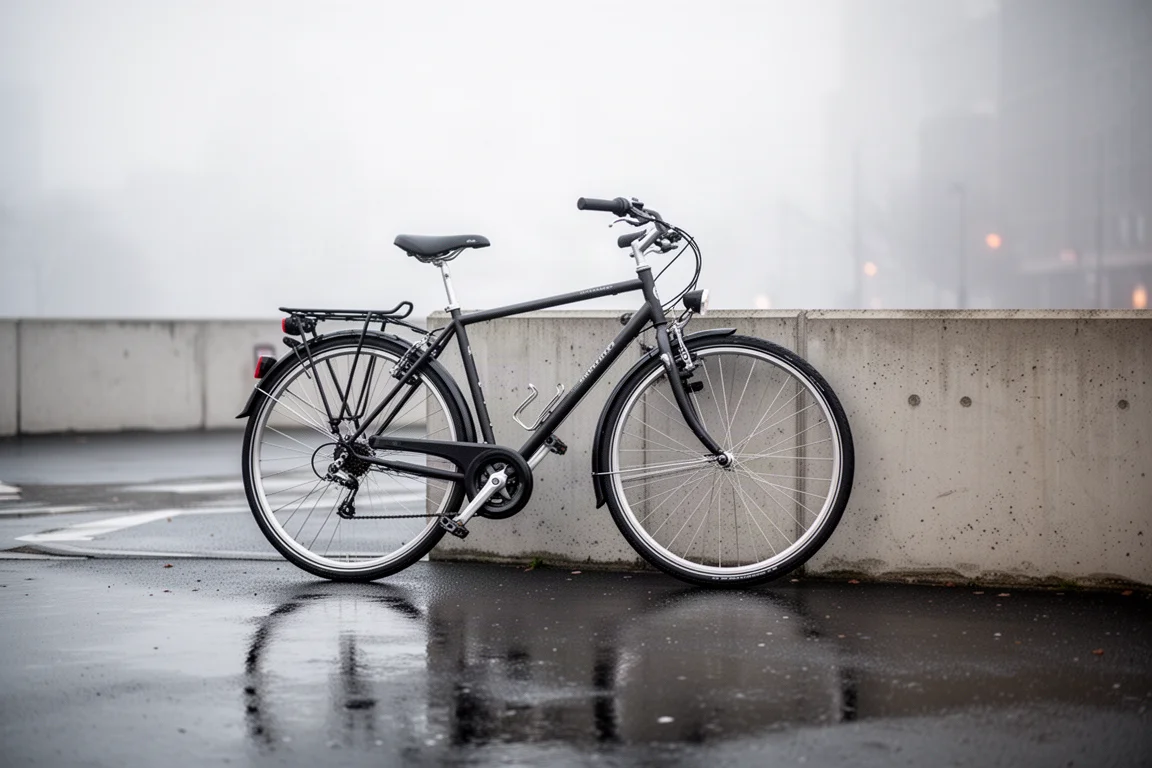 Vélo de navetteur appuyé contre un mur en béton dans une rue calme au petit matin