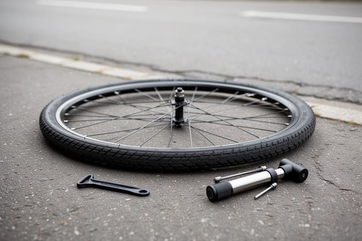 Roue de vélo avec un démonte-pneu et une pompe posés sur un bord de route goudronné