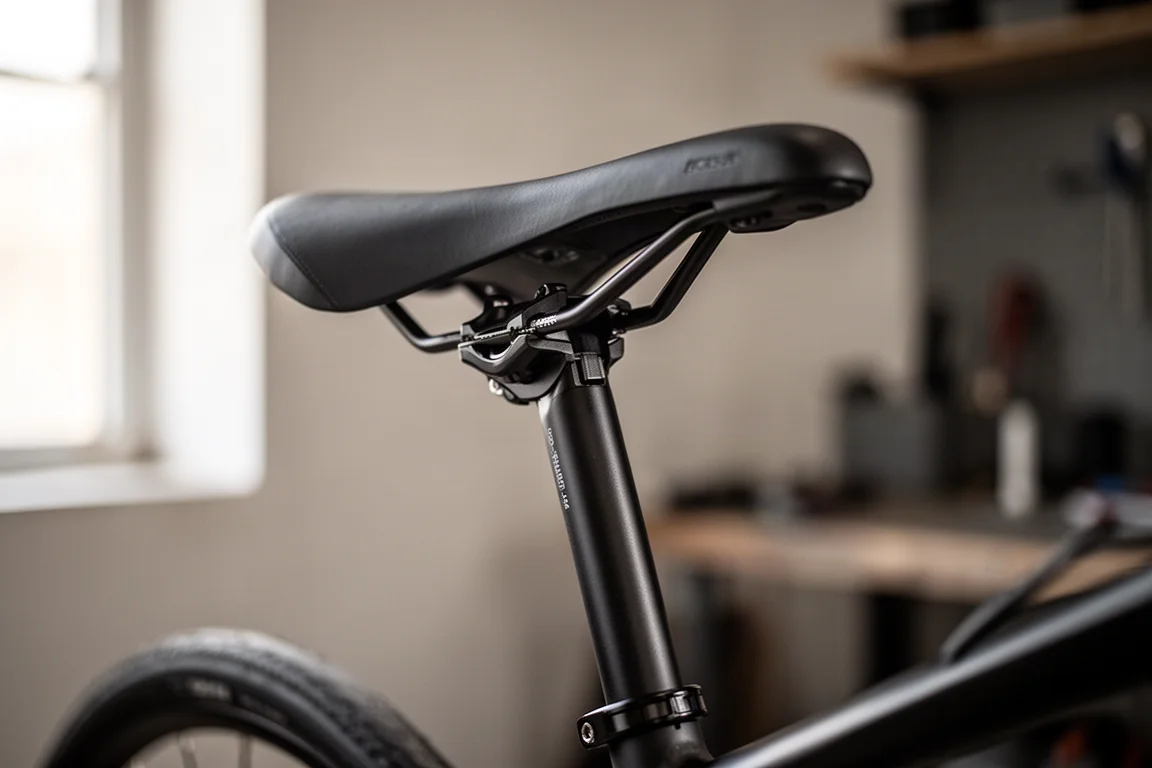 Gros plan sur une selle de vélo montée sur un collier de tige de selle fin