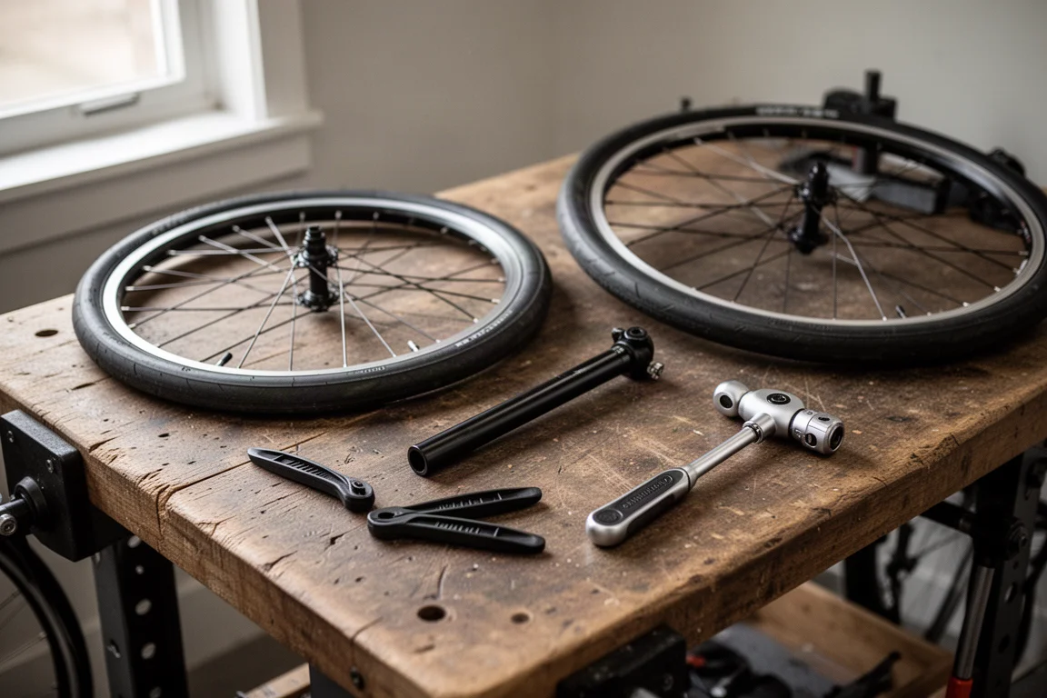 Établi d'atelier avec une roue de vélo, une tige de selle et des outils disposés