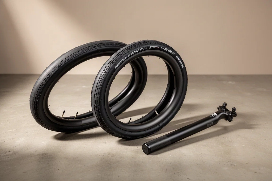 Due copertoni neri da strada e un sottile reggisella in carbonio disposti su una superficie in cemento