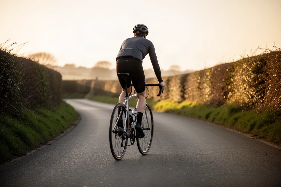 Ciclista su una tranquilla strada di campagna all'ora d'oro con un headset open-ear