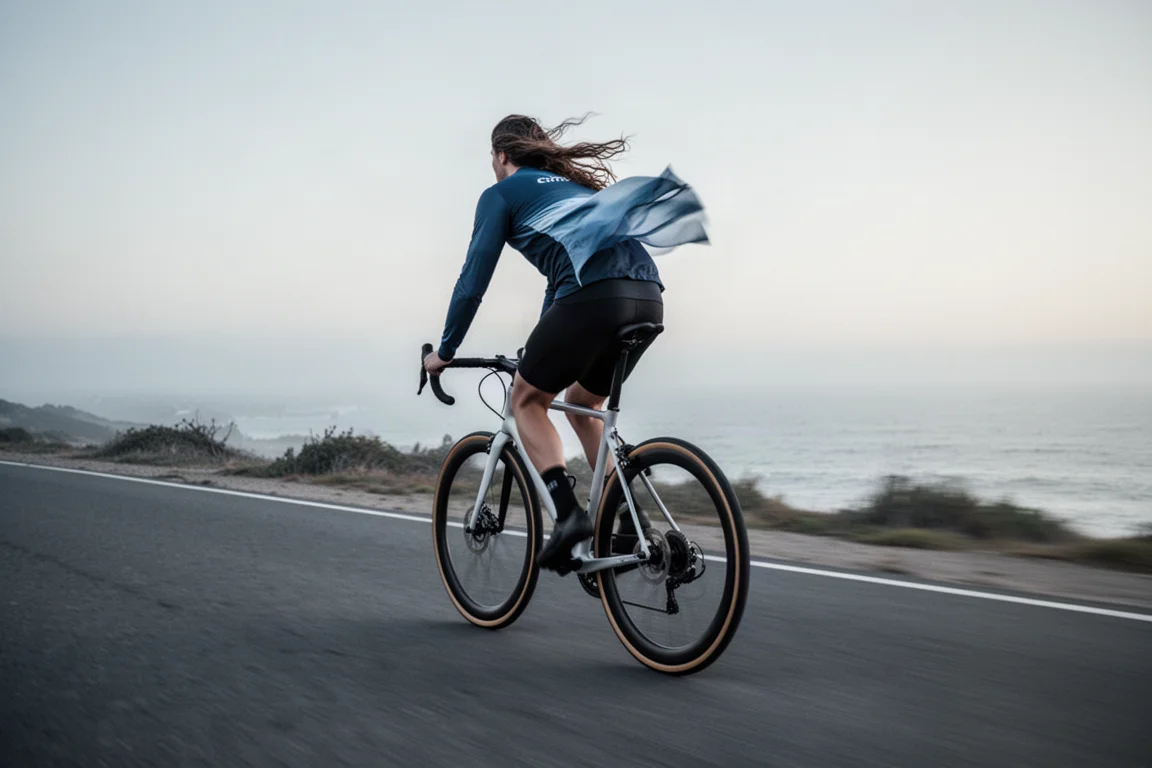 Ciclista a tutta velocità su una strada costiera aperta nella luce del primo mattino