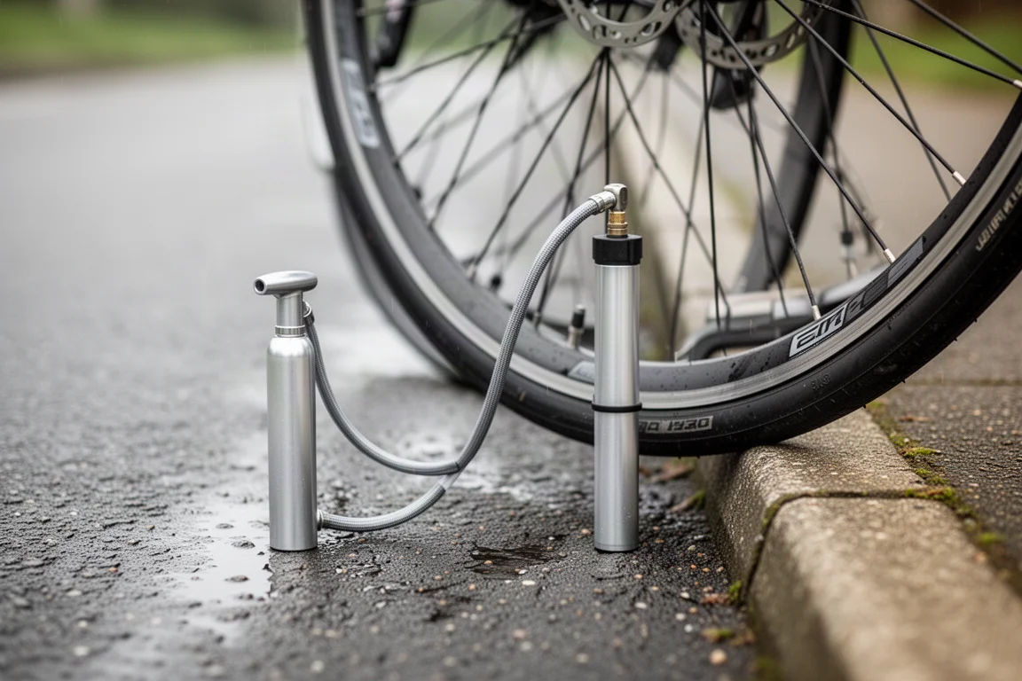 Tubo flessibile di una mini pompa collegato alla valvola di una bici da corsa sul bordo strada