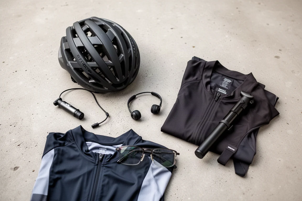 Vista dall'alto del kit da ciclismo con casco, headset, mini pompa e maglia