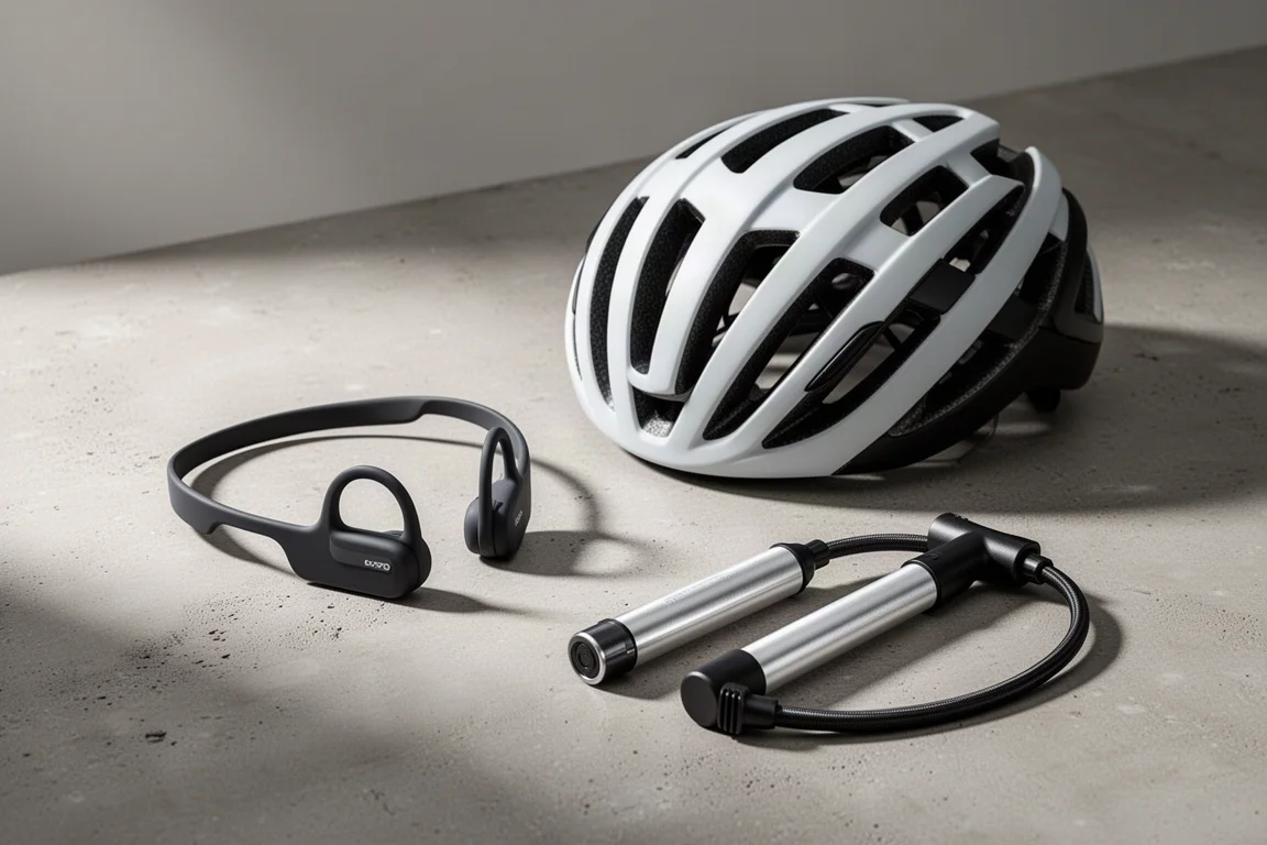 Open-ear headset, road helmet and mini pump arranged on a concrete surface